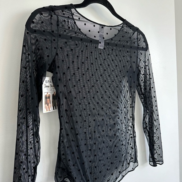 Spanx Long Sleeve Top Mesh Polka Dot Sheer Bodysuit | Size Large in Black (NWT) - Picture 10 of 10
